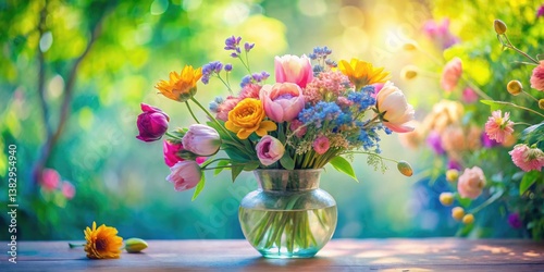 Miniature garden blooms: a tilt-shift vase of delicate flowers.