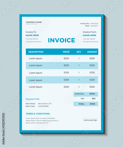Clean modern invoice design for corporate business, Modern business invoice template design bundle. Bill form business invoice vector. blue color minimal business invoice template vector format.