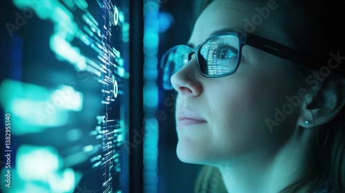 Woman Looking at Digital Screen Displaying Data and Code