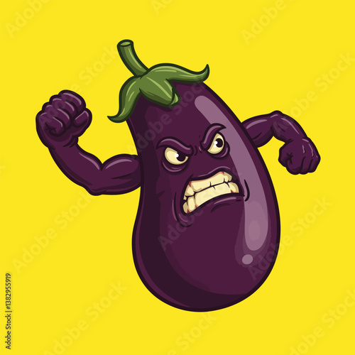 Angry Eggplant Cartoon Vector - Strong Vegetable with Muscle Arms