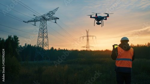 Operating Drone for Industrial Inspection Near Power Lines at Sunset