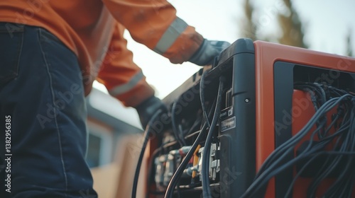 A construction worker setting up a portable generator at a job site. Featuring preparedness and precision