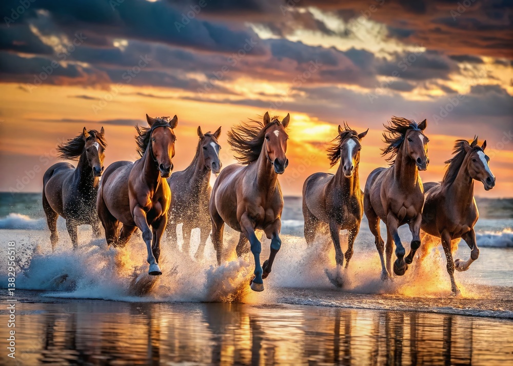 Obraz premium Wild Bay Horses Galloping Through River, Beach, Coastal Run, Dramatic Equestrian Scene