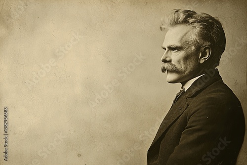 Profile of a distinguished man with a mustache, featuring a contemplative expression and vintage style.