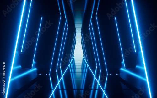 Fototapeta Naklejka Na Ścianę i Meble -  Blue neon tunnel and light background, abstract and technology concept, 3d rendering.