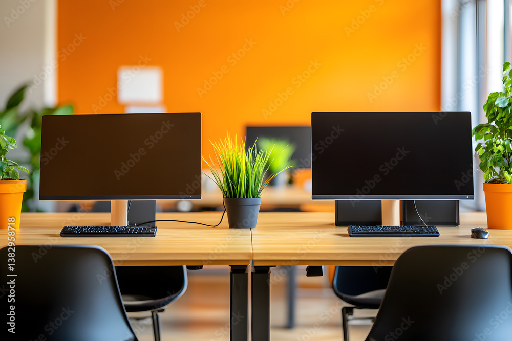 Fototapeta premium Modern Shared Workspace with Dual Monitors and Green Plants Against Orange Wall