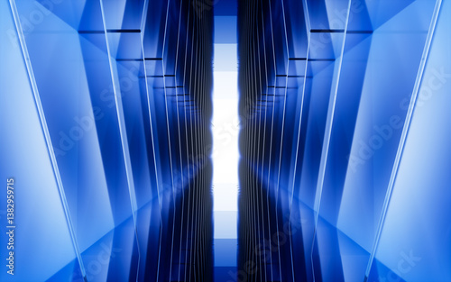 Fototapeta Naklejka Na Ścianę i Meble -  Blue neon tunnel and light background, abstract and technology concept, 3d rendering.