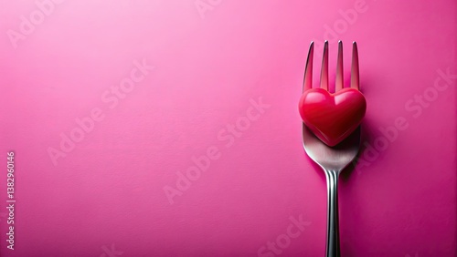 Romantic Valentine's Day: A minimalist pink fork and red heart shaped food, creatively styled.