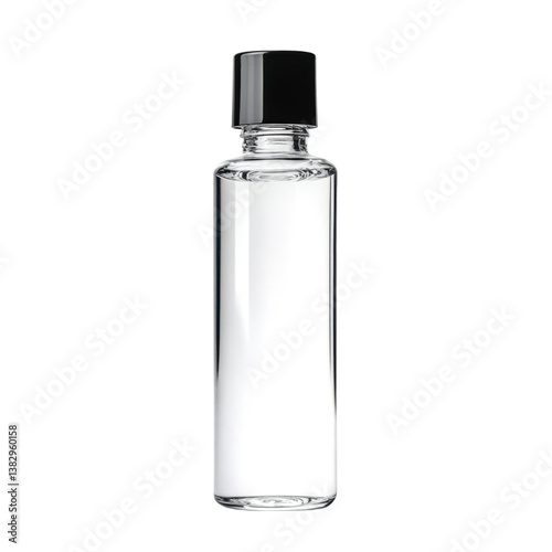 Transparent Bottle with Black Cap Ideal for Liquid Products, Cosmetics, and Personal Care Items, 250ml Capacity, Isolated on White Background