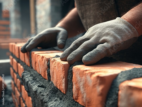 Masonry worker places brick expertly on building wall for housing construction task expertly