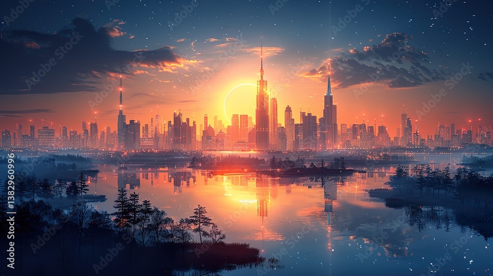 Fototapeta premium A 3D-rendered futuristic cityscape at night with neon lights and reflective surfaces HD 8K mockup wallpaper Photographic Image 