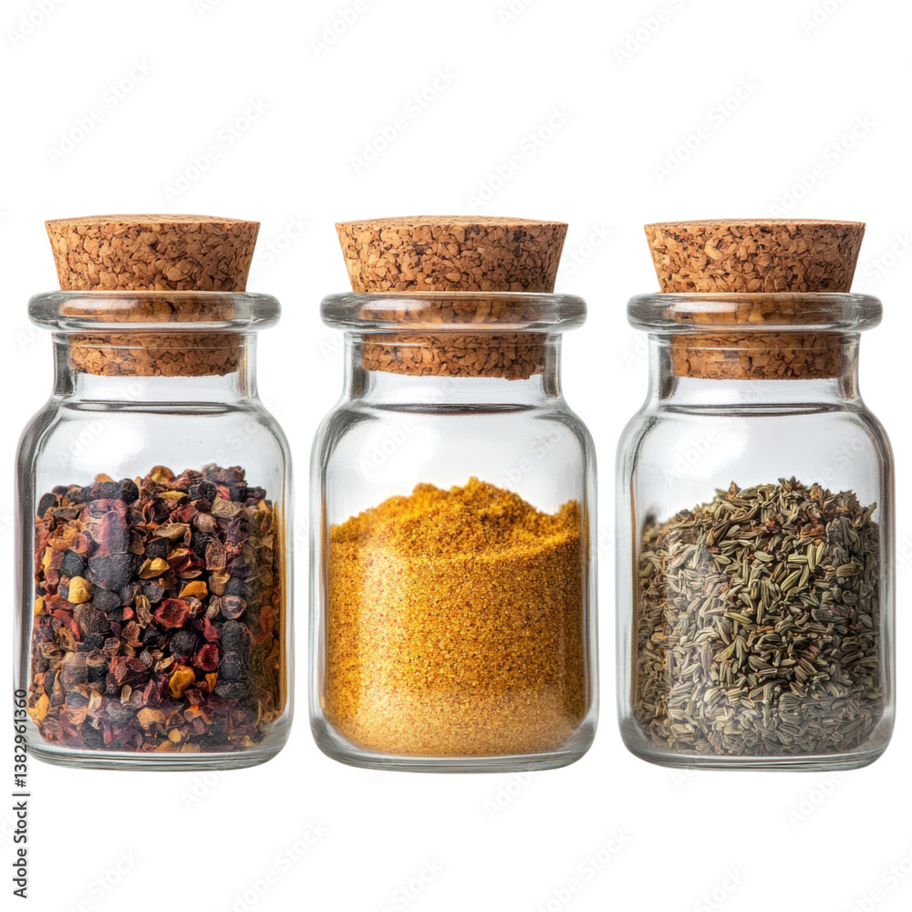 Three Glass Spice Jars with Cork Lids Containing Colorful Dried Spices on a White Background for Culinary Use and Food Preparation Three Glass Spice Jars with Cork Lids Containing Colorful Dried Spices on a White Background for Culinary Use and Food Preparation
