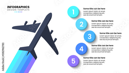Infographics template. Airplane with 5 circles and numbers