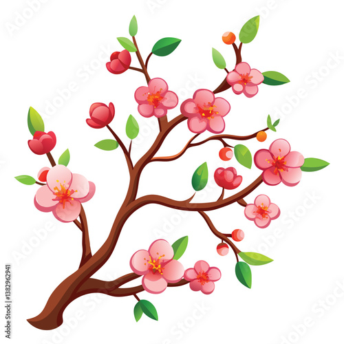 Pink cherry blossom blooms on a delicate tree branch, a beautiful sign of spring in nature
