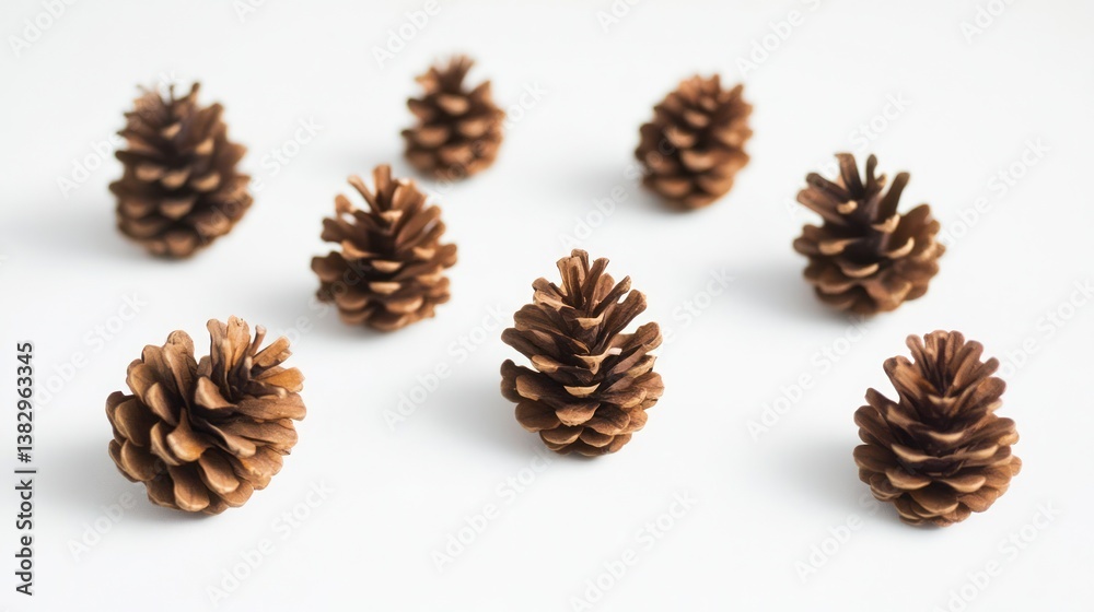 Arrangement of pine cones on white background for festive or nature theme Arrangement of pine cones on white background for festive or nature theme