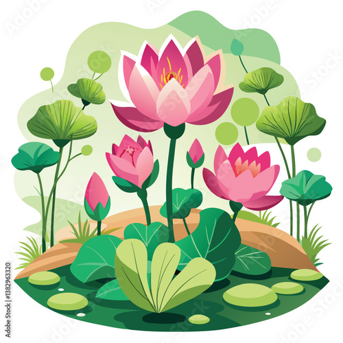 Pink floral vector illustration of a lotus flower blossom.







