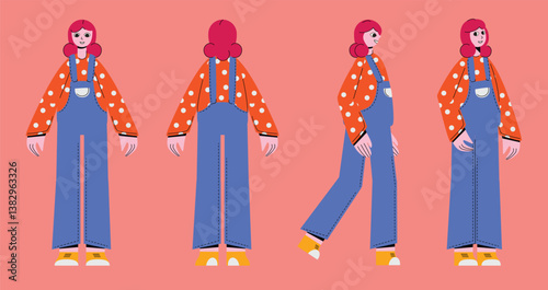 Flat style character constructor for animation. Front, Side, Back view. Separable body parts and different emotions. Simple colorful minimalistic design for advertisement, business, corporate identity