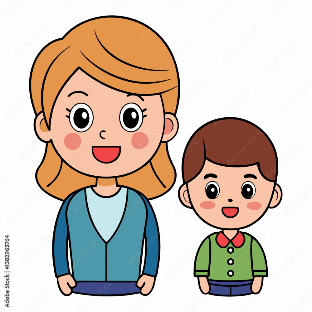 Happy mothers day illustration of mother and son kawaii chibi flat character cute. Vecor illustration on white background. Happy mothers day illustration of mother and son kawaii chibi flat character cute. Vecor illustration on white background.
