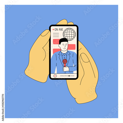 Phone in hands. People holding smartphones. Mobile video app. News broadcast. Doodle podcast. Cellphone user watching vlog. Digital movie. Social media interview live streaming. Vector garish card