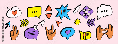 Pixel art icon. 3D cursor. Media retro stickers. Hand gesture. Speak cloud. Browser arrow button. Technology vintage sign. Computer pin. 8 bit internet perspective badge. Vector garish app symbols set