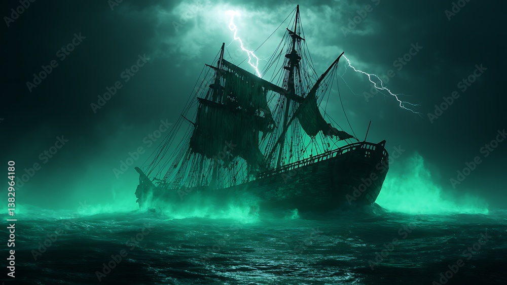 Fototapeta premium A ghostly shipwreck emerging from a foggy, stormy sea in the Bermuda Triangle, surrounded by eerie green glowing waters2