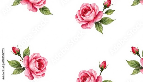 Delicate watercolor roses, leaves, & buds on white Seamless repeat , botanical pattern, buds