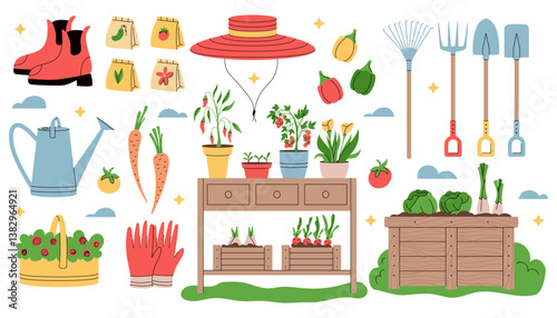 Garden tool for plant. Vegetable compost. Home flower. Spring care for farming. Rake and shovel. Houseplant in box. Soil for grass. Gardener boots or hat. Floral gardening. Natural garish illustration