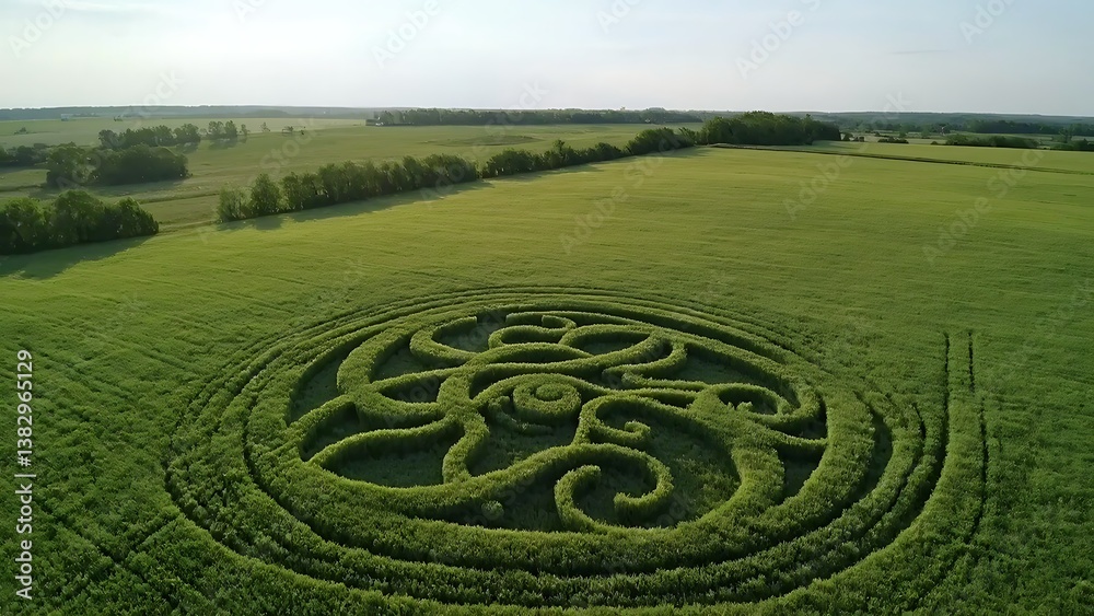 Crop circle aerial view with intricate geometric pattern, mysterious agricultural phenomenon Crop circle aerial view with intricate geometric pattern, mysterious agricultural phenomenon