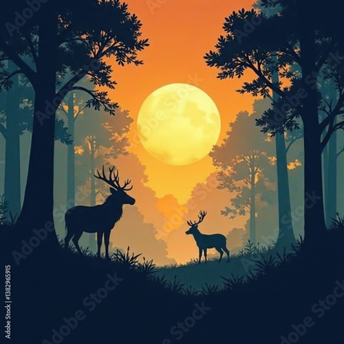 Animal silhouettes in forest landscape, landscape, animals