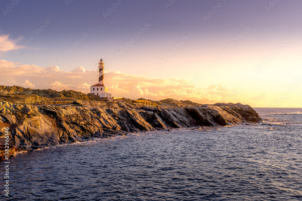 Faro de Favaritx Golden Hour. Menorca Striking Lighthouse Amidst a Sunset Glow. A breathtaking sunset over the iconic lighthouse and its rocky surroundings