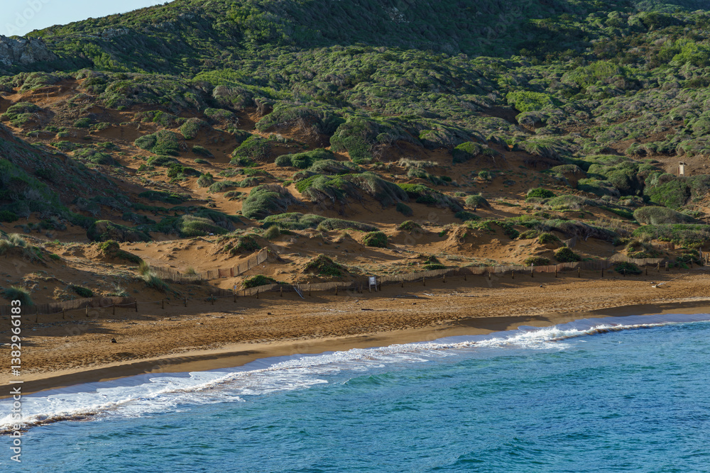 A stunning aerial view of Cavalleria Beach in Menorca, showcasing its natural beauty where sandy shores meet the turquoise Mediterranean Sea, bordered by a lush green hillside