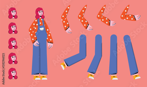 Flat style character constructor for animation. Front, Side, Back view. Separable body parts and different emotions. Simple colorful minimalistic design for advertisement, business, corporate identity