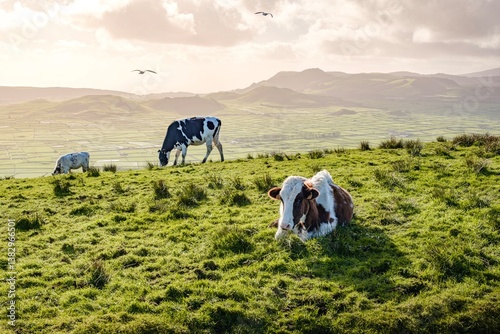 Obraz na płótnie A peaceful scene in Terceira, Azores, where cows graze on lush green pastures, capturing the serene beauty of the island rural landscape in Serra do Cume w salonie