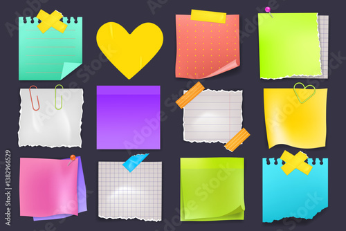 Note, sticker. Memo on board of torn paper yellow. Pin, colorful clip and pad, office glued reminder. Blank space message, Sticky page. Notepad sheets with folded corner. Vector design isolated label