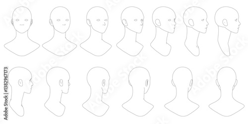 A series of drawings of faces with the head of the first one being the most prominent. The faces are all drawn in black and white