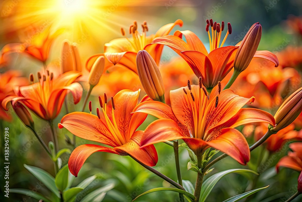 Obraz premium Vibrant orange lily blooms, sharply focused, showcasing the beauty of Lilium bulbiferum in a garden setting.