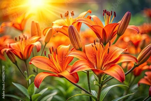 Vibrant orange lily blooms, sharply focused, showcasing the beauty of Lilium bulbiferum in a garden setting.