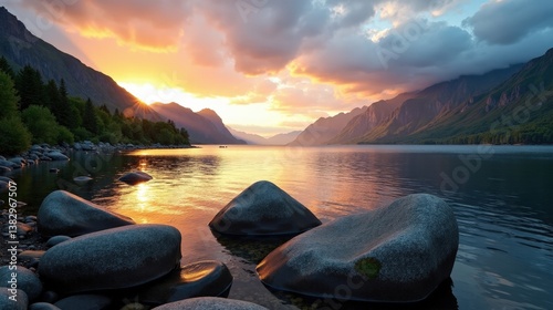 Serene view of Mjosa Lake in Norway at dawn, with sunny weather, captured from a panoramic perspective.
