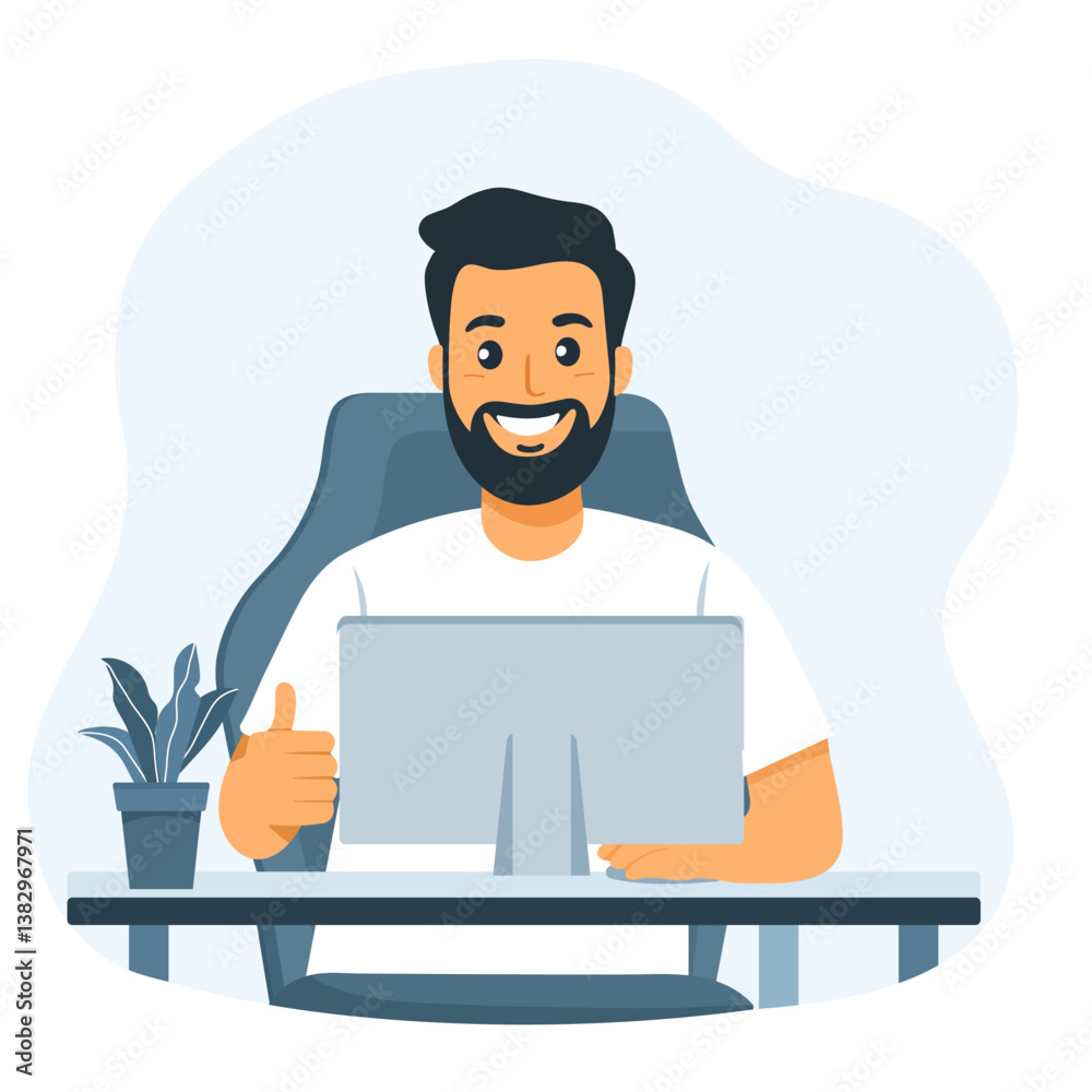 A young man sits at a desk working on a laptop. Minimalistic vector illustration in blue tones on a white background. Perfect for business, freelancing, remote work, and technology-related concepts A young man sits at a desk working on a laptop. Minimalistic vector illustration in blue tones on a white background. Perfect for business, freelancing, remote work, and technology-related concepts