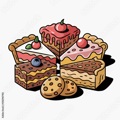Cartoon Dessert Sampler with Cake Slices and Cookies