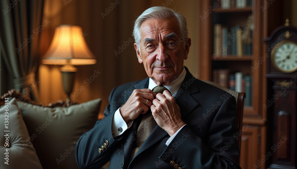 Elderly man adjusting tie in elegant home office setting Elderly man adjusting tie in elegant home office setting