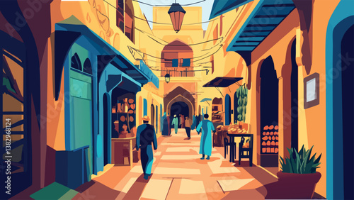 Fez Medina Morocco with Craftsmen in Digital Illustration.eps