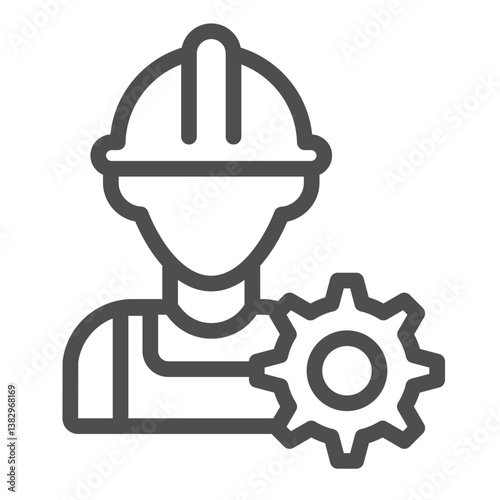 Builder man and cogwheel line icon, repair service concept. Vector graphics. Engineer with hat, mechanician sign on white background, outline style icon for mobile or web design.