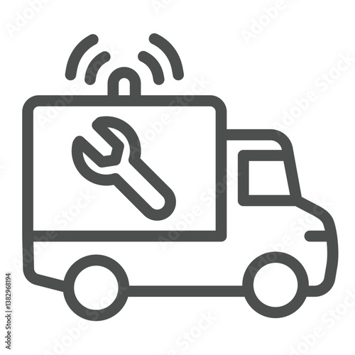 Truck with siren and wrench line icon, repair service concept. Vector graphics. Repairman truck, transport sign on white background, outline style icon for mobile or web design.