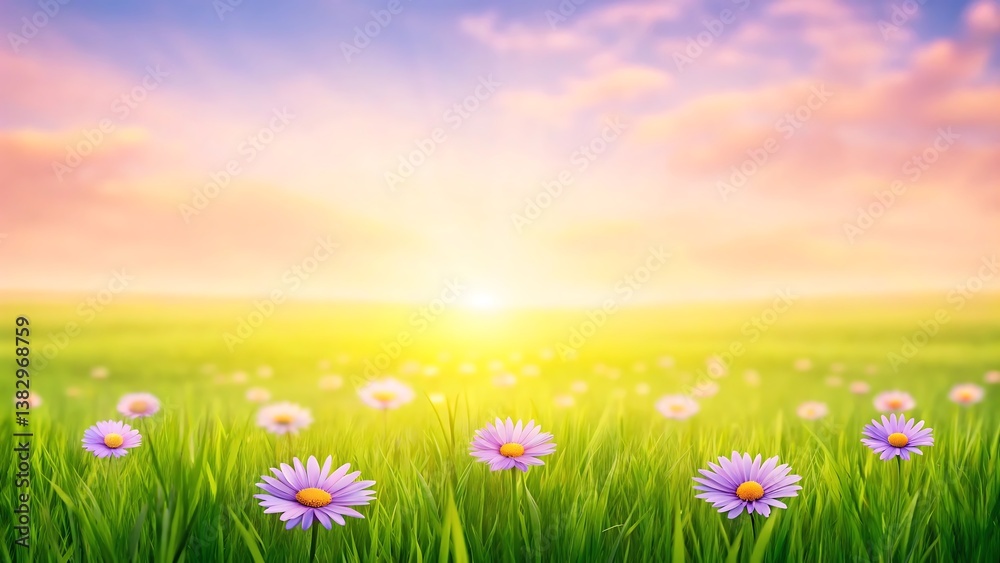Fototapeta premium Serene sunset over a vibrant meadow of wildflowers, bathed in warm golden light and gentle breezes.