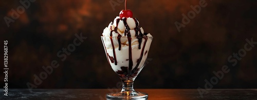 ice cream sundae topped with chocolate sauce and cherry Delicious dessert with chocolate and cherry topping.