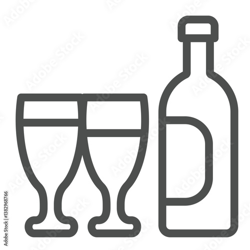 Glasses of wine drink and bottle line icon, winery concept. Vector graphics. Wine drink bottle and glasses, drink sign on white background, outline style icon for mobile or web design.