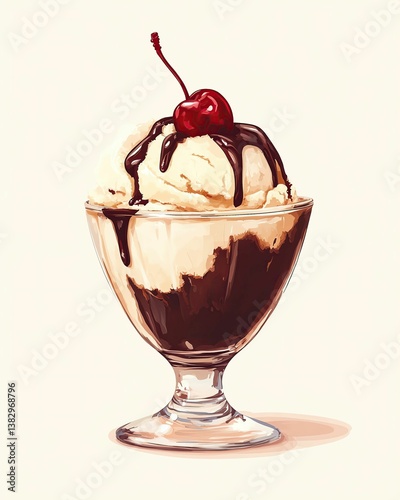 ice cream sundae topped with chocolate sauce and cherry Delicious ice cream sundae with cherry topping.
