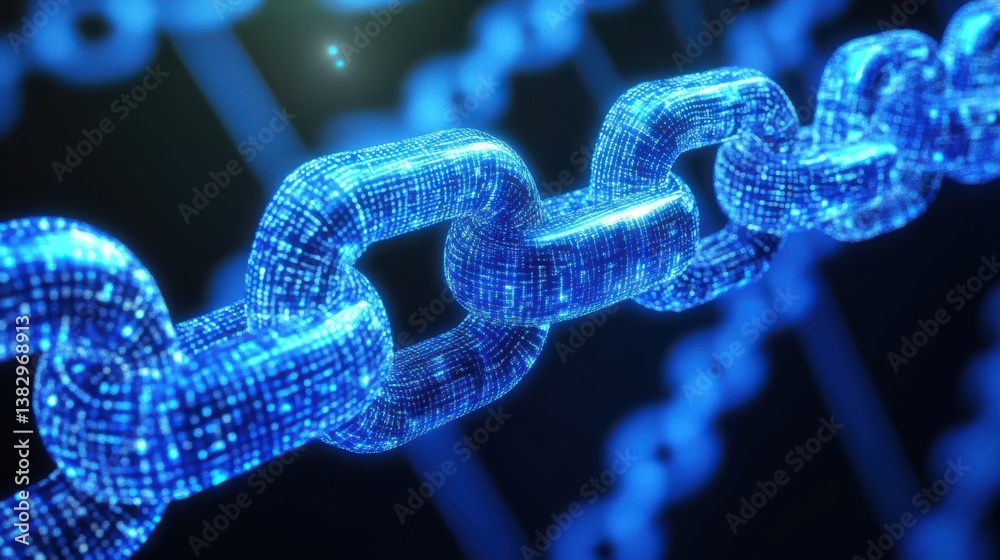 A glowing blue chain of digital data links representing blockchain technology. A glowing blue chain of digital data links representing blockchain technology.