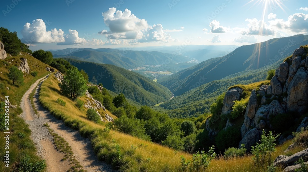 Naklejka premium A view from above of Cevennes National Park in France at midday, with mild, sunny summer weather.